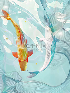 2条金鱼游泳线条艺术插图