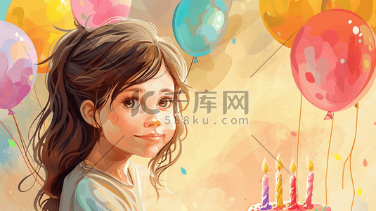 手绘生日蜡烛插画图片_手绘彩色女孩生日蛋糕气球的插画2