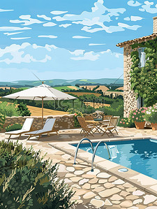 游泳池躺椅插画图片_别墅躺椅和遮阳伞的室外游泳池插画图片