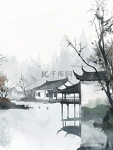 烟雨江南插画图片_烟雨江南古建筑风景插画7