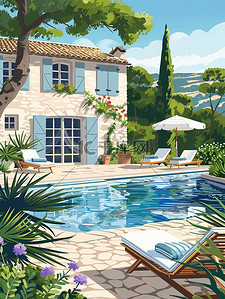 游泳池躺椅插画图片_别墅躺椅和遮阳伞的室外游泳池插画设计