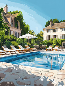 游泳池躺椅插画图片_别墅躺椅和遮阳伞的室外游泳池插画设计