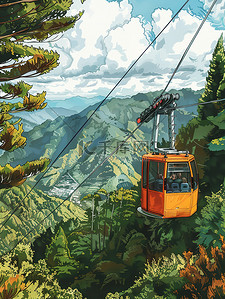 观光电梯插画图片_美丽的景区缆车观光矢量插画