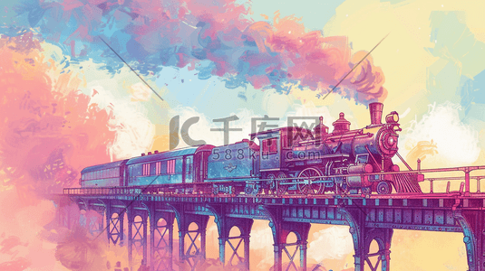 彩色手绘高架火车行驶的插画10