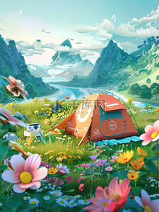 露营帐篷鲜花环绕插画