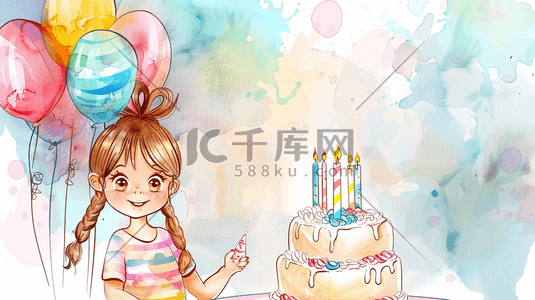 蜡烛生日蛋糕插画图片_手绘彩色女孩生日蛋糕气球的插画1