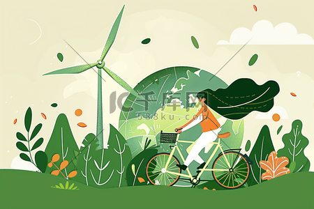 绿色手绘自行车插画图片_环保日绿色手绘地球扁平插画