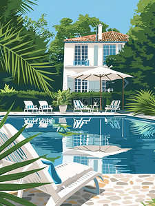 游泳池躺椅插画图片_别墅躺椅和遮阳伞的室外游泳池原创插画