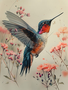 春天花朵和蜂鸟水彩画插画海报
