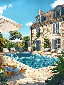 别墅轴测图插画图片_别墅躺椅和遮阳伞的室外游泳池插画