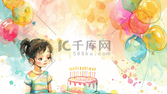 生日插画图片_手绘彩色女孩生日蛋糕气球的插画5