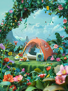 露营帐篷鲜花环绕图片