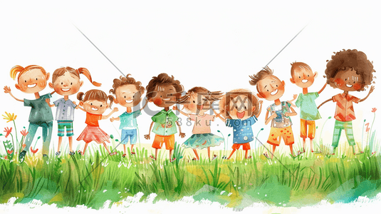 彩色手绘户外草坪草地儿童开心玩耍插画11