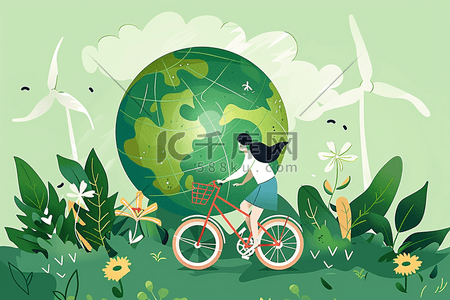 手绘风力发电插画图片_环保日绿色手绘扁平插画地球