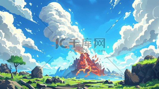 彩色手绘蓝天下火山爆发的插画3