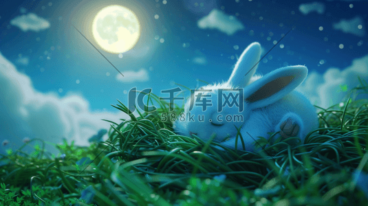 圆兔子插画图片_月光下安睡的小兔子插画2