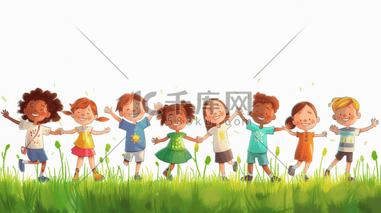 儿童牵手插画图片_彩色手绘户外草坪草地儿童开心玩耍插画6