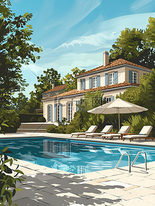 别墅轴测图插画图片_别墅躺椅和遮阳伞的室外游泳池插画设计