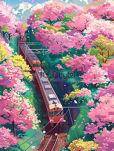 开往春天的列车樱花插画设计