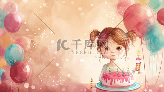 生日展架插画图片_手绘彩色女孩生日蛋糕气球的插画13