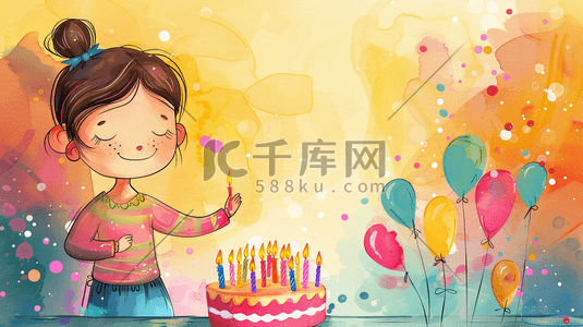 手绘女孩女孩插画图片_手绘彩色女孩生日蛋糕气球的插画7