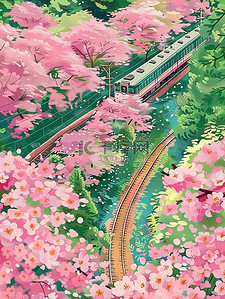 开往春天的列车樱花插画海报