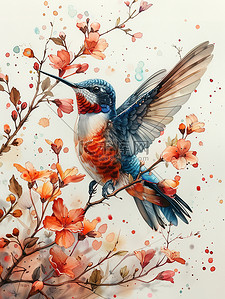 春天花朵和蜂鸟水彩画插画海报