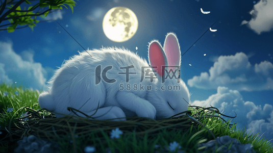 圆兔子插画图片_月光下安睡的小兔子插画8