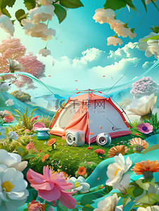 全景环绕插画图片_露营帐篷鲜花环绕插画海报