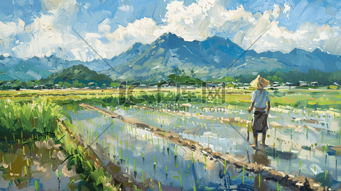 彩色手绘绘画农民种水稻的插画11