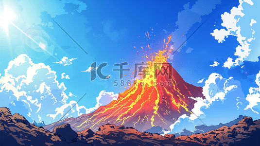 彩色手绘蓝天下火山爆发的插画11