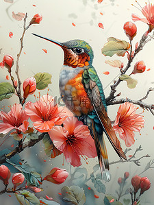 蜂鸟英蛾插画图片_春天花朵和蜂鸟水彩画图片