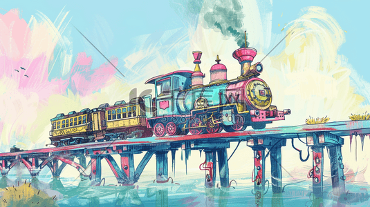 彩色手绘高架火车行驶的插画3