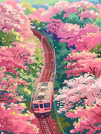 开往春天的列车樱花插画图片