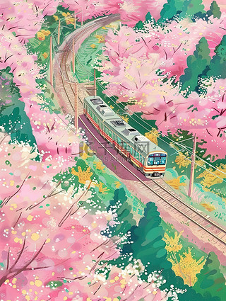樱花插画图片_开往春天的列车樱花插图