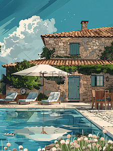 游泳池躺椅插画图片_别墅躺椅和遮阳伞的室外游泳池插画