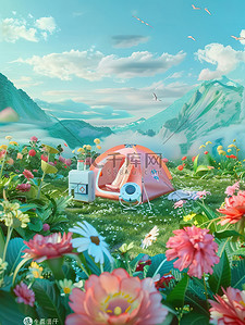 露营帐篷鲜花环绕插图
