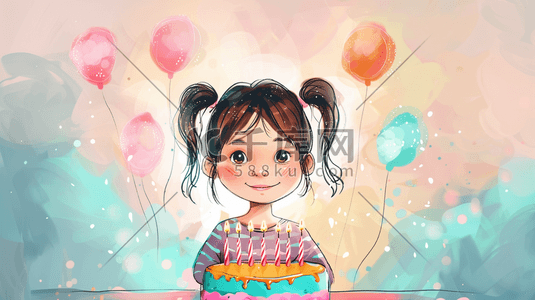 生日插画图片_手绘彩色女孩生日蛋糕气球的插画3