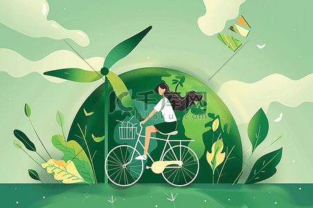 绿色手绘自行车插画图片_地球环保日绿色手绘扁平插画