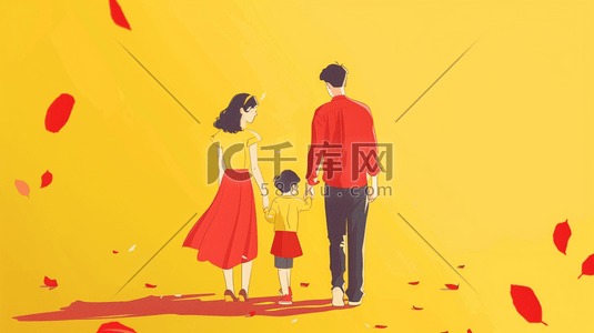 妈的插画图片_黄色背景一家人牵手相亲相爱的插画2