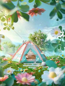 露营帐篷鲜花环绕插画图片