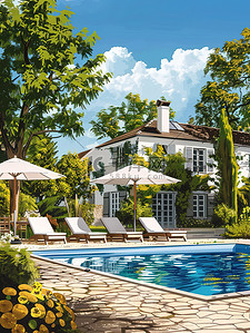 别墅躺椅和遮阳伞的室外游泳池插画素材