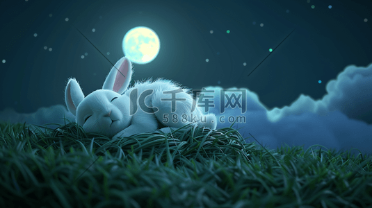 圆兔子插画图片_月光下安睡的小兔子插画9
