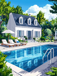 游泳池躺椅插画图片_别墅躺椅和遮阳伞的室外游泳池原创插画