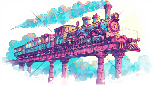彩色手绘高架火车行驶的插画1
