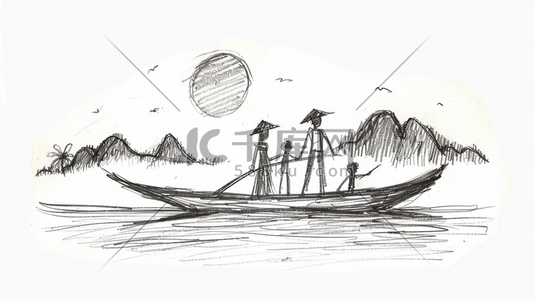 春季划船游玩儿童手绘插画1