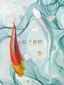 线条艺术插画图片_2条金鱼游泳线条艺术插画海报