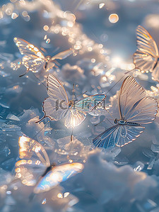 冰天雪地风景图插画图片_冰蓝色蝴蝶在干净的雪地上素材