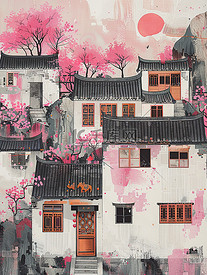 春天的花和房子乡村插画海报