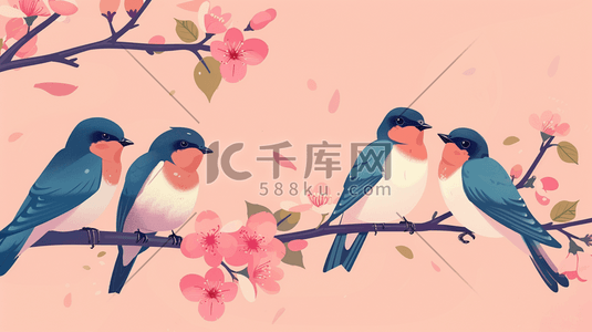 彩色艺术绘画春天树枝上燕子的插画4